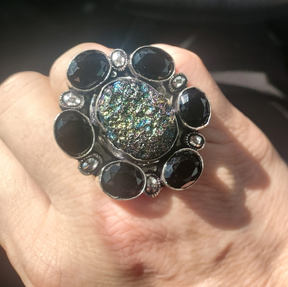 New Titanium Druzy & Spinnel 925 Silver Statement Ring. - Picture 5 of 13